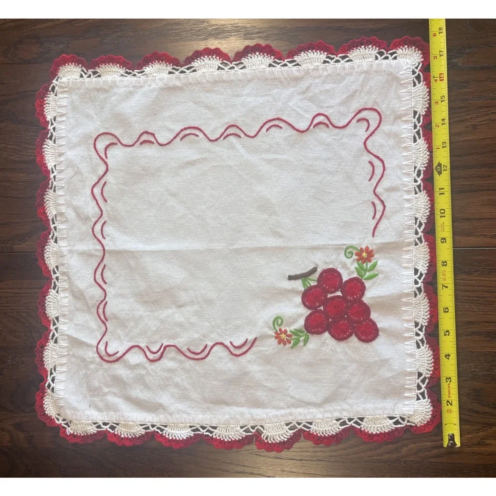 Vintage OOAK Handmade Doily Cherries Granny Red White